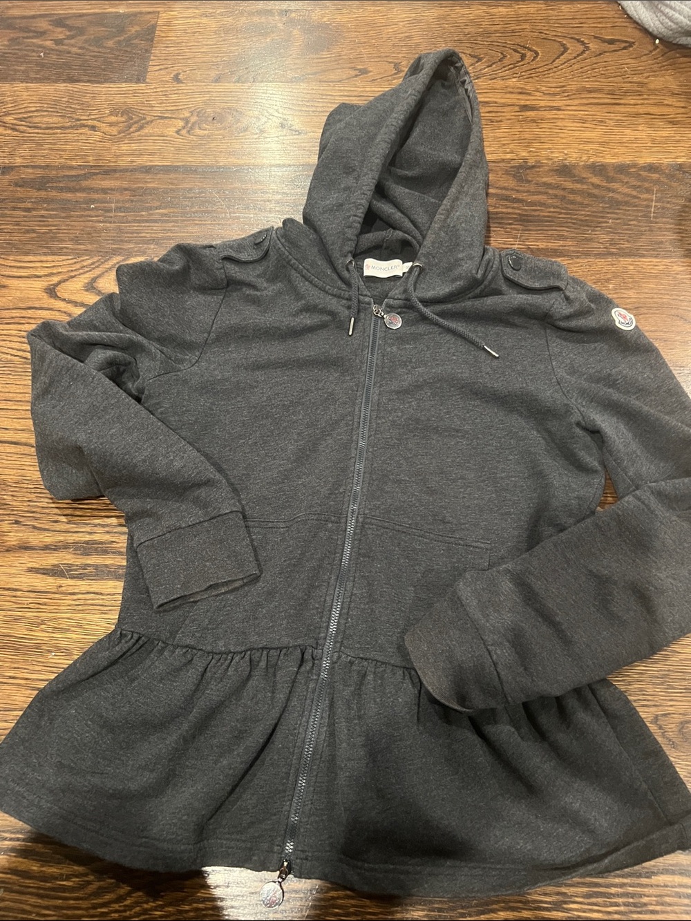 Moncler Dark Charcoal Gray Girls' Hooded Zip-Up Sweatshirt with Peplum